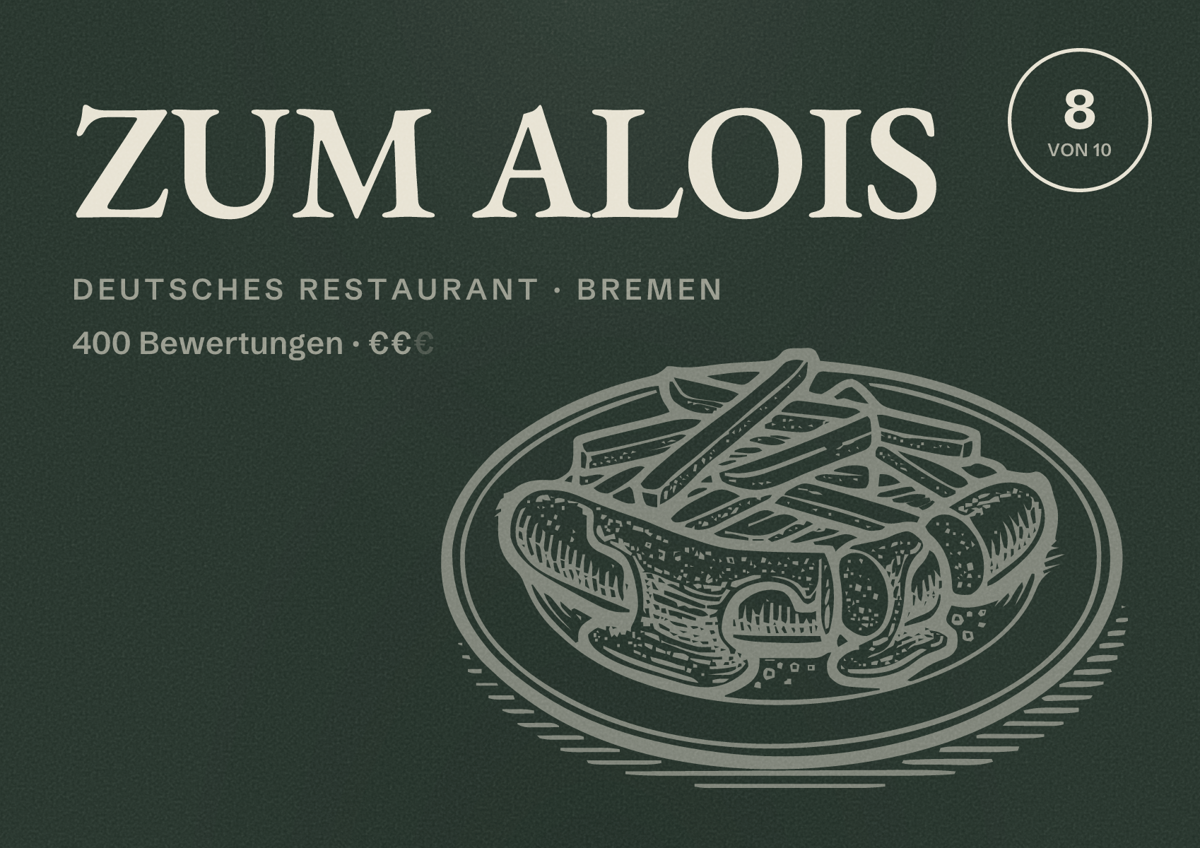Illustriertes Poster von ZUM ALOIS, Deutsches Restaurant in Bremen: Bewertung 8 von 10 aus 400 Bewertungen, Preisniveau €€