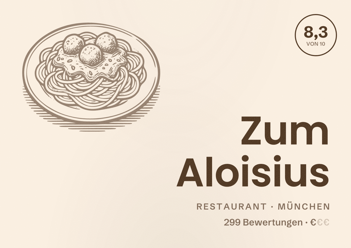 Illustriertes Poster von Zum Aloisius, Restaurant in München: Bewertung 8,3 von 10 aus 299 Bewertungen, Preisniveau €