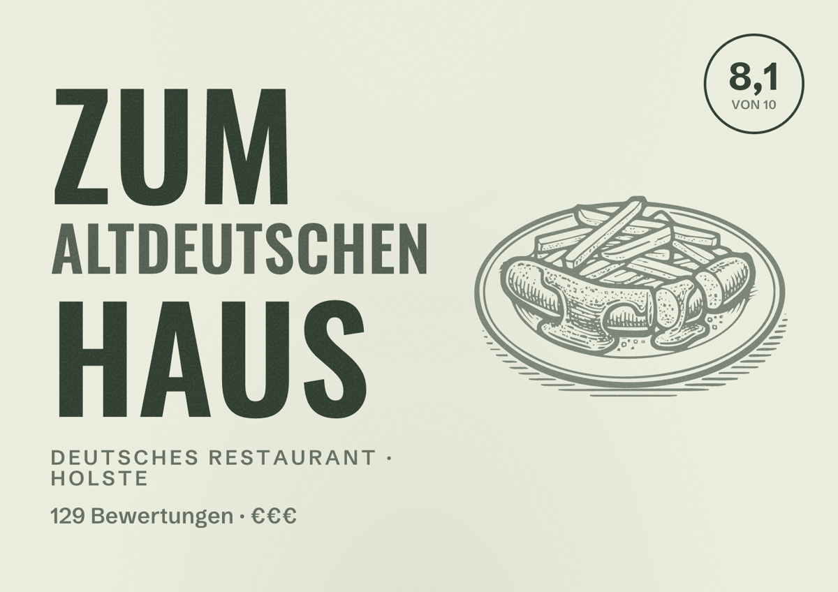 Illustriertes Poster von Zum Altdeutschen Haus, Deutsches Restaurant in Holste: Bewertung 8,1 von 10 aus 129 Bewertungen, Preisniveau €€€