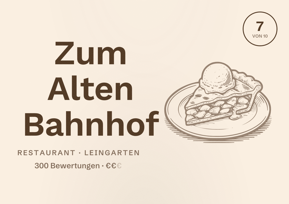 Illustriertes Poster von Zum Alten Bahnhof, Restaurant in Leingarten: Bewertung 7 von 10 aus 300 Bewertungen, Preisniveau €€