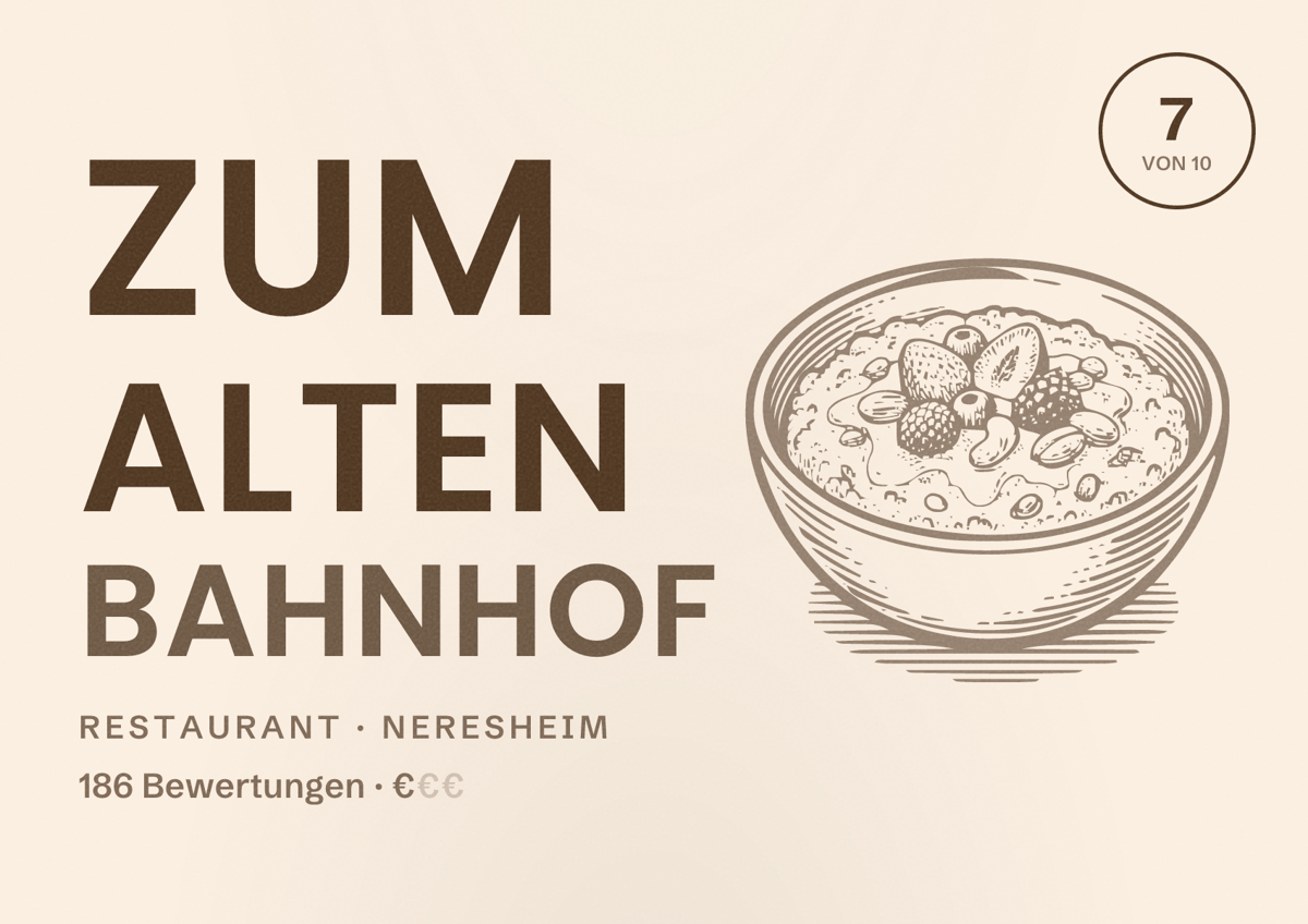 Illustriertes Poster von Zum Alten Bahnhof, Restaurant in Neresheim: Bewertung 7 von 10 aus 186 Bewertungen, Preisniveau €