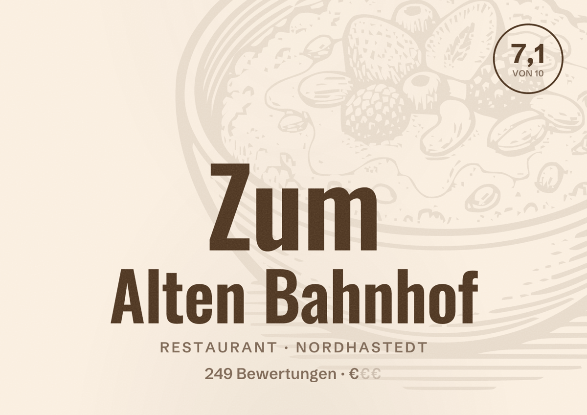 Illustriertes Poster von Zum Alten Bahnhof, Restaurant in Nordhastedt: Bewertung 7,1 von 10 aus 249 Bewertungen, Preisniveau €