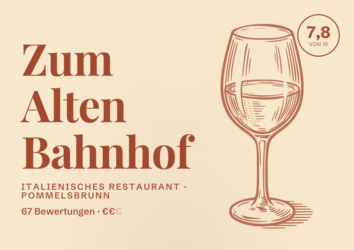 Illustriertes Poster von Zum Alten Bahnhof, Italienisches Restaurant in Pommelsbrunn: Bewertung 7,8 von 10 aus 67 Bewertungen, Preisniveau €€