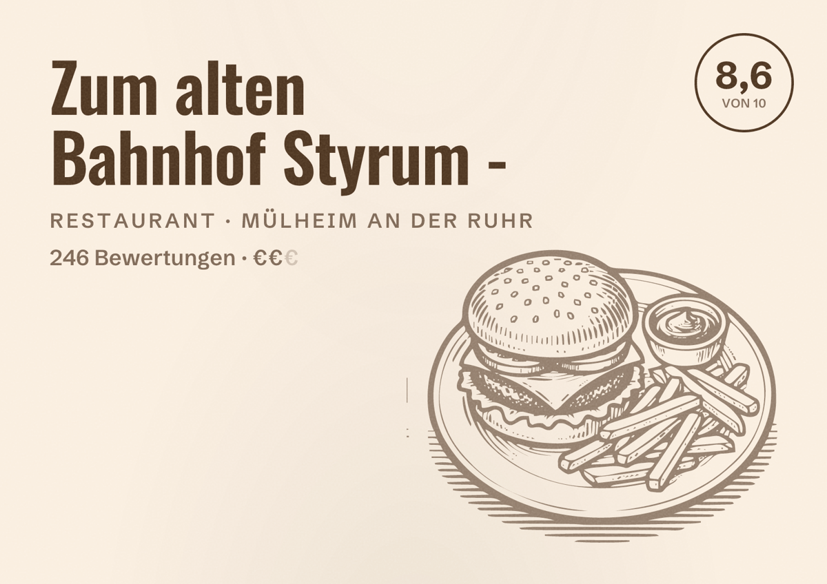 Illustriertes Poster von Zum alten Bahnhof Styrum -, Restaurant in Mülheim an der Ruhr: Bewertung 8,6 von 10 aus 246 Bewertungen, Preisniveau €€