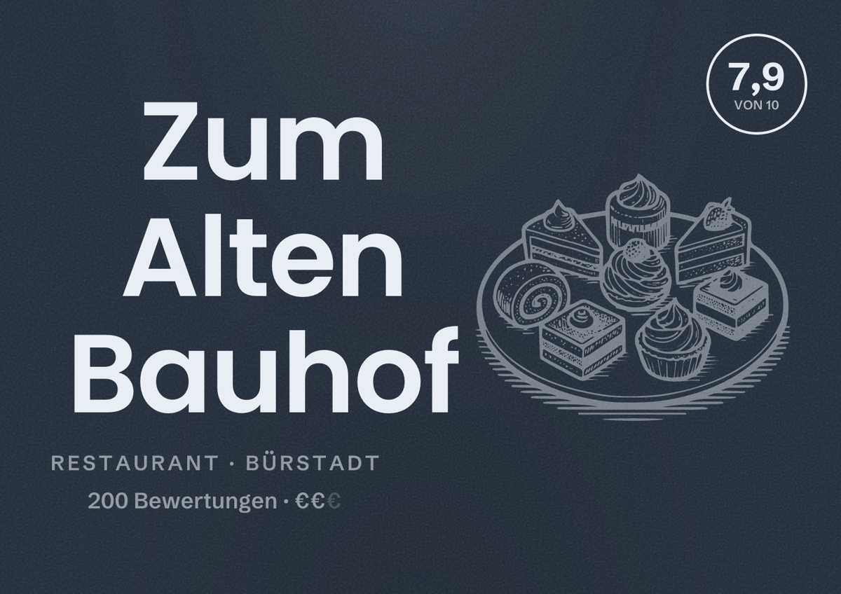 Illustriertes Poster von Zum Alten Bauhof, Restaurant in Bürstadt: Bewertung 7,9 von 10 aus 200 Bewertungen, Preisniveau €€