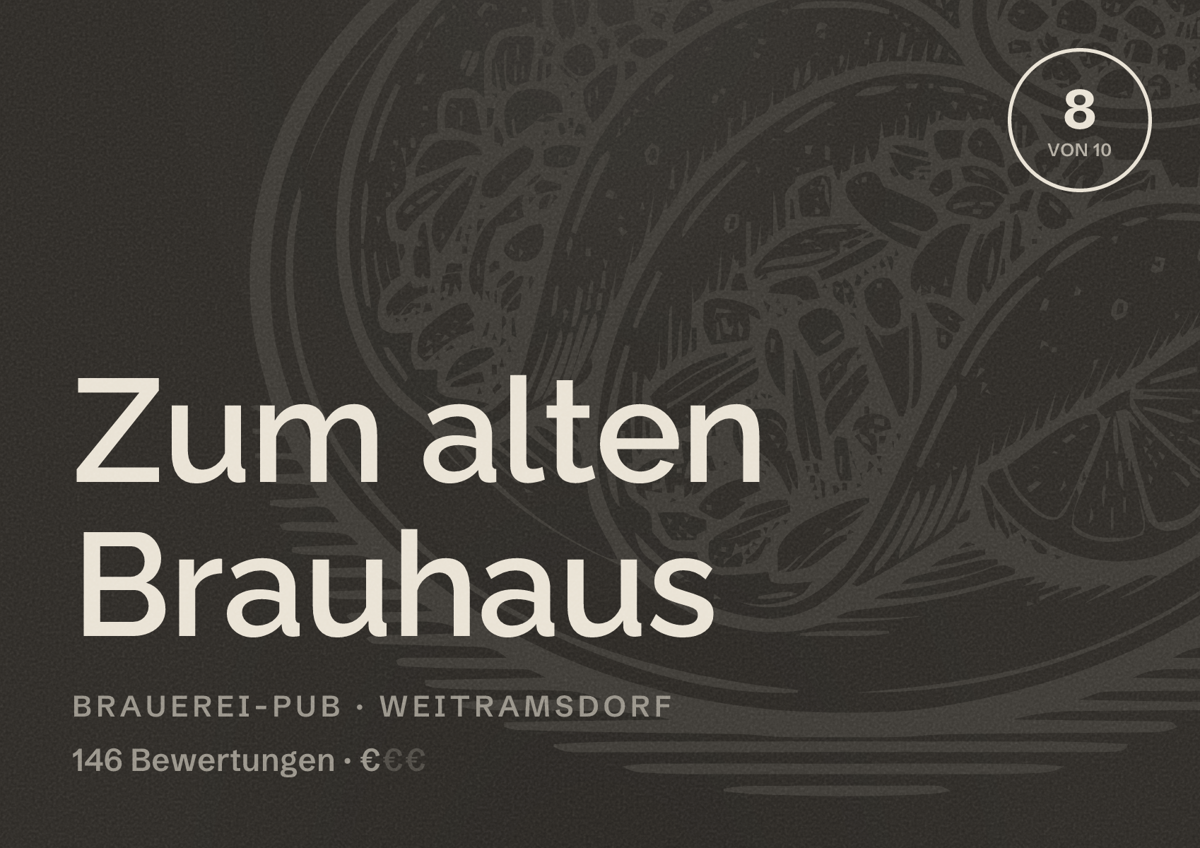 Illustriertes Poster von Zum alten Brauhaus, Brauerei-Pub in Weitramsdorf: Bewertung 8 von 10 aus 146 Bewertungen, Preisniveau €