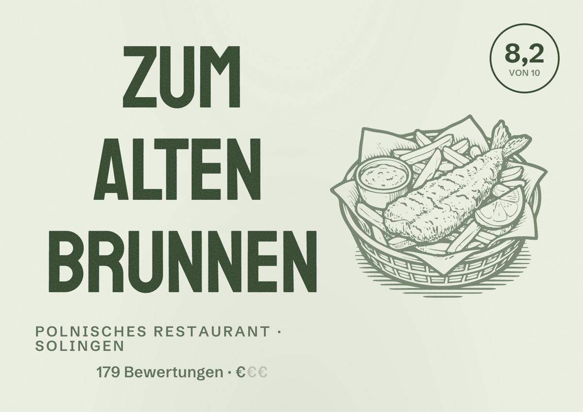 Illustriertes Poster von Zum Alten Brunnen, Polnisches Restaurant in Solingen: Bewertung 8,2 von 10 aus 179 Bewertungen, Preisniveau €