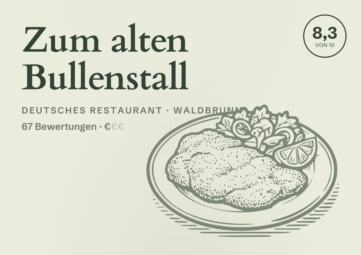 Illustriertes Poster von Zum alten Bullenstall, Deutsches Restaurant in Waldbrunn: Bewertung 8,3 von 10 aus 67 Bewertungen, Preisniveau €