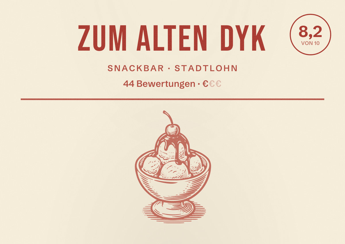 Illustriertes Poster von Zum Alten Dyk, Snackbar in Stadtlohn: Bewertung 8,2 von 10 aus 44 Bewertungen, Preisniveau €