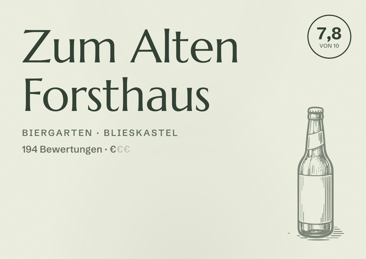 Illustriertes Poster von Zum Alten Forsthaus, Biergarten in Blieskastel: Bewertung 7,8 von 10 aus 194 Bewertungen, Preisniveau €