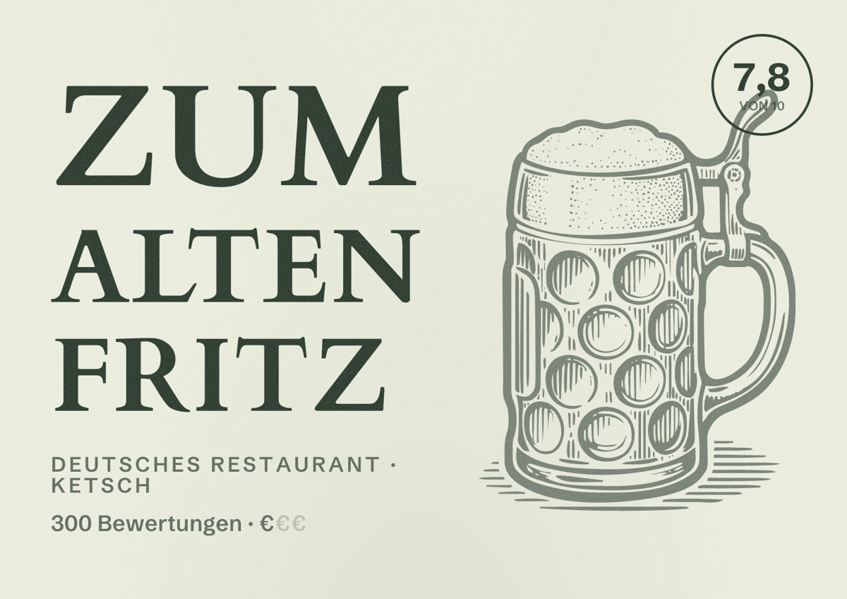 Illustriertes Poster von Zum alten Fritz, Deutsches Restaurant in Ketsch: Bewertung 7,8 von 10 aus 300 Bewertungen, Preisniveau €