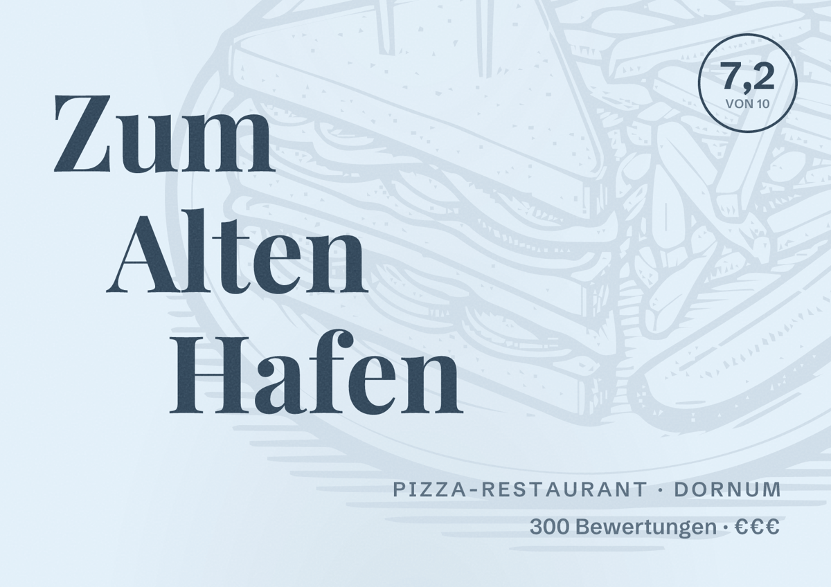Illustriertes Poster von Zum Alten Hafen, Pizza-Restaurant in Dornum: Bewertung 7,2 von 10 aus 300 Bewertungen, Preisniveau €€€
