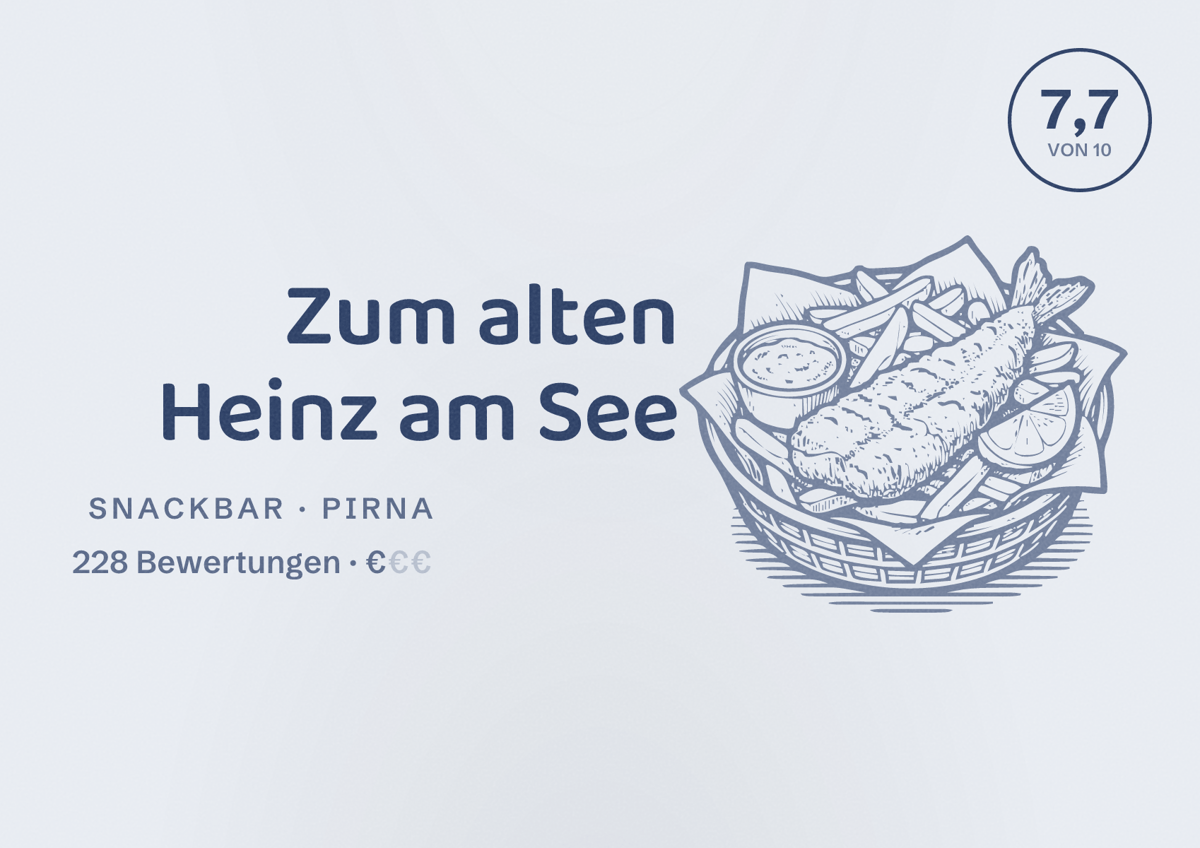 Illustriertes Poster von Zum alten Heinz am See, Snackbar in Pirna: Bewertung 7,7 von 10 aus 228 Bewertungen, Preisniveau €