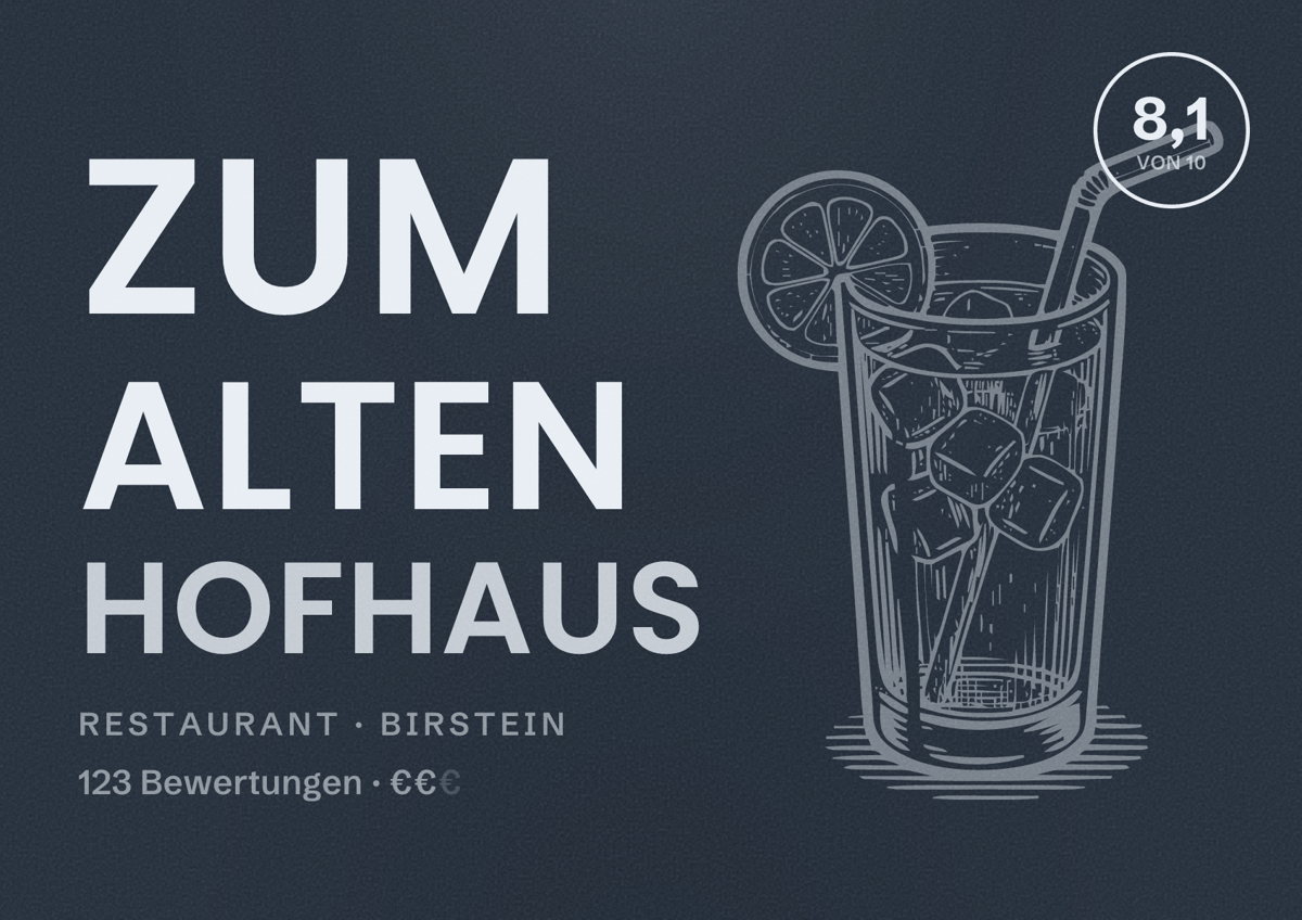 Illustriertes Poster von Zum Alten Hofhaus, Restaurant in Birstein: Bewertung 8,1 von 10 aus 123 Bewertungen, Preisniveau €€