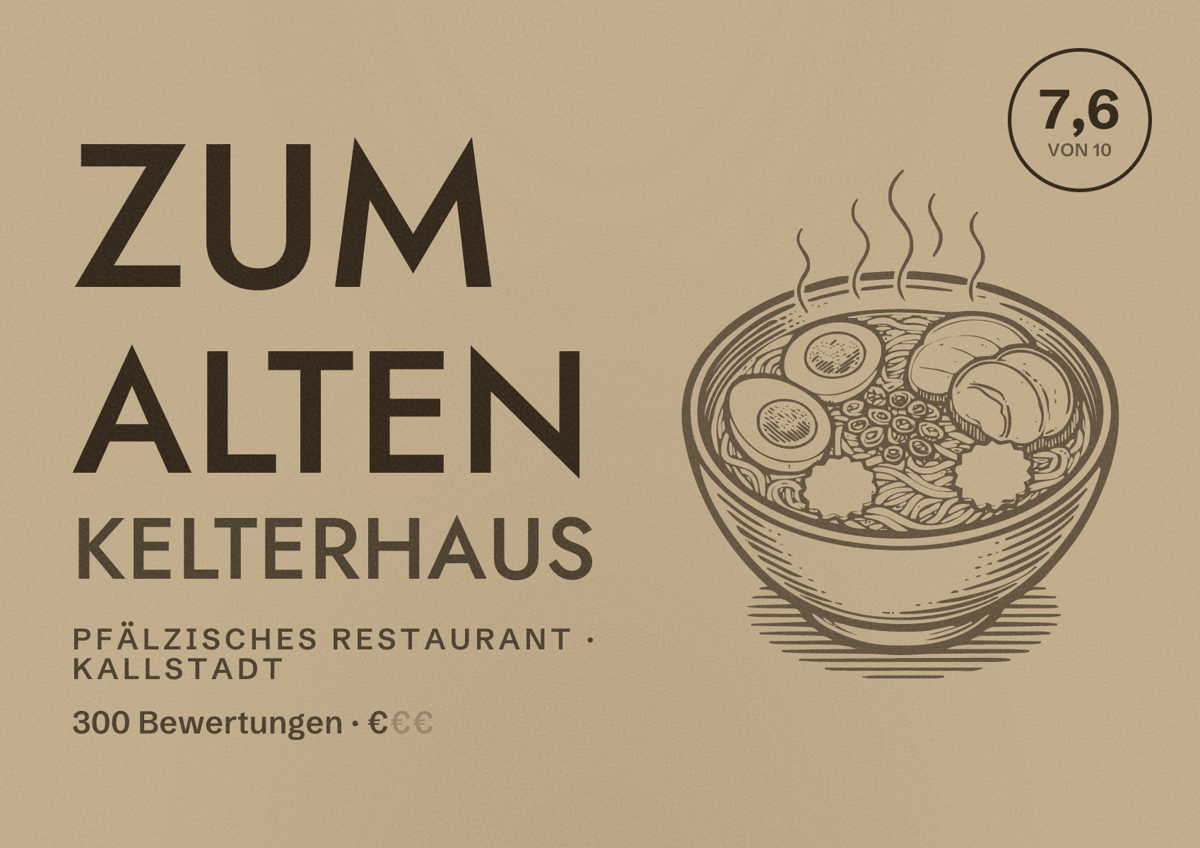 Illustriertes Poster von Zum Alten Kelterhaus, Pfälzisches Restaurant in Kallstadt: Bewertung 7,6 von 10 aus 300 Bewertungen, Preisniveau €