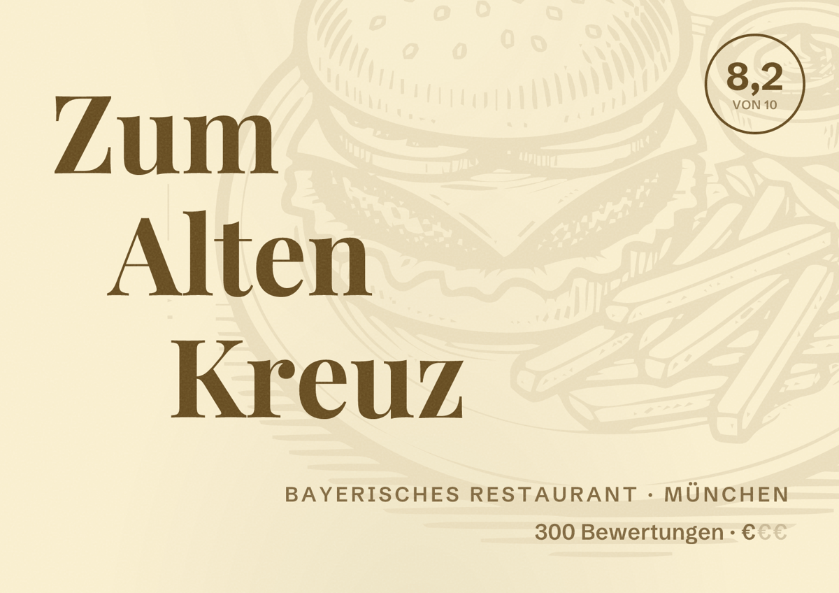 Illustriertes Poster von Zum Alten Kreuz, Bayerisches Restaurant in München: Bewertung 8,2 von 10 aus 300 Bewertungen, Preisniveau €