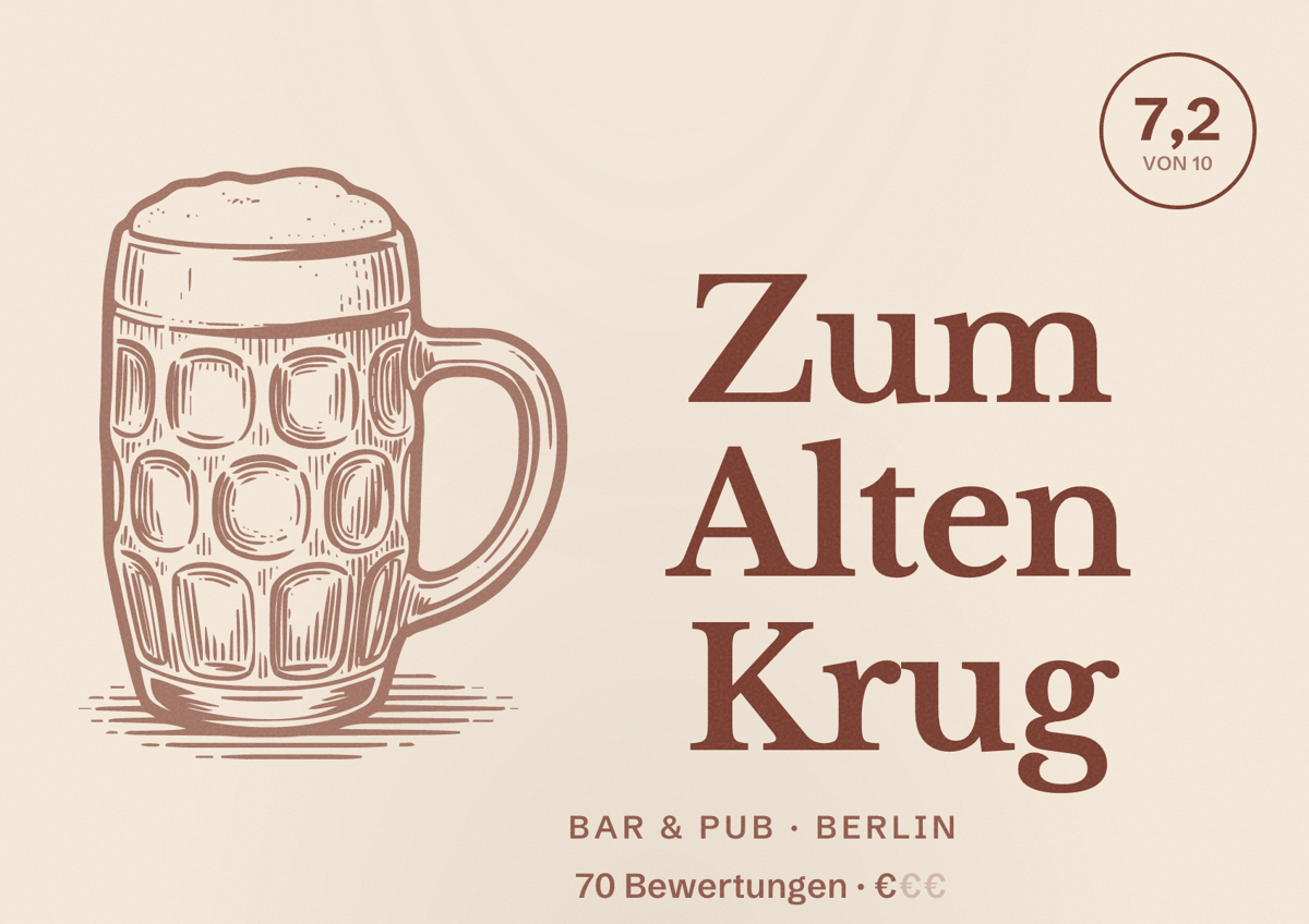 Illustriertes Poster von Zum Alten Krug, Bar & Pub in Berlin: Bewertung 7,2 von 10 aus 70 Bewertungen, Preisniveau €