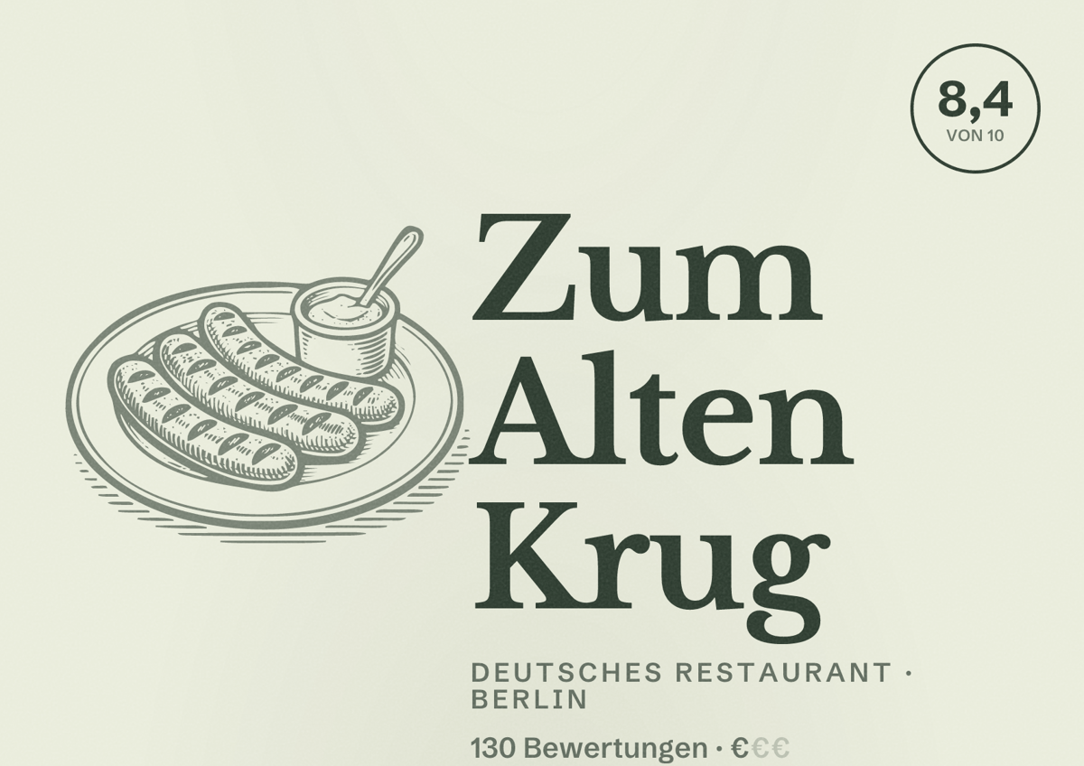 Illustriertes Poster von Zum Alten Krug, Deutsches Restaurant in Berlin: Bewertung 8,4 von 10 aus 130 Bewertungen, Preisniveau €