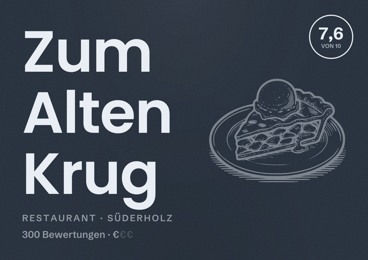 Illustriertes Poster von Zum Alten Krug, Restaurant in Süderholz: Bewertung 7,6 von 10 aus 300 Bewertungen, Preisniveau €