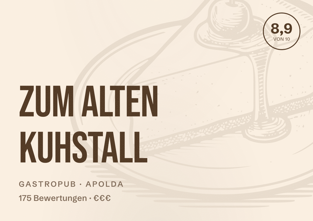 Illustriertes Poster von Zum alten Kuhstall, Gastropub in Apolda: Bewertung 8,9 von 10 aus 175 Bewertungen, Preisniveau €€€