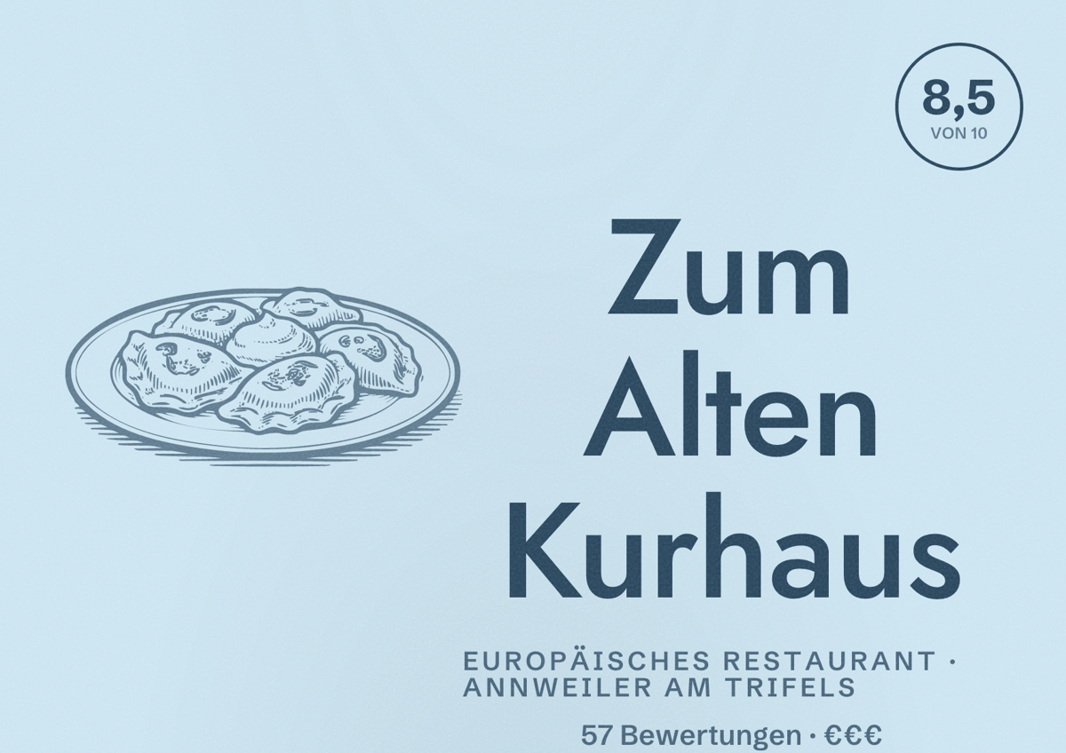 Illustriertes Poster von Zum Alten Kurhaus, Europäisches Restaurant in Annweiler am Trifels: Bewertung 8,5 von 10 aus 57 Bewertungen, Preisniveau €€€