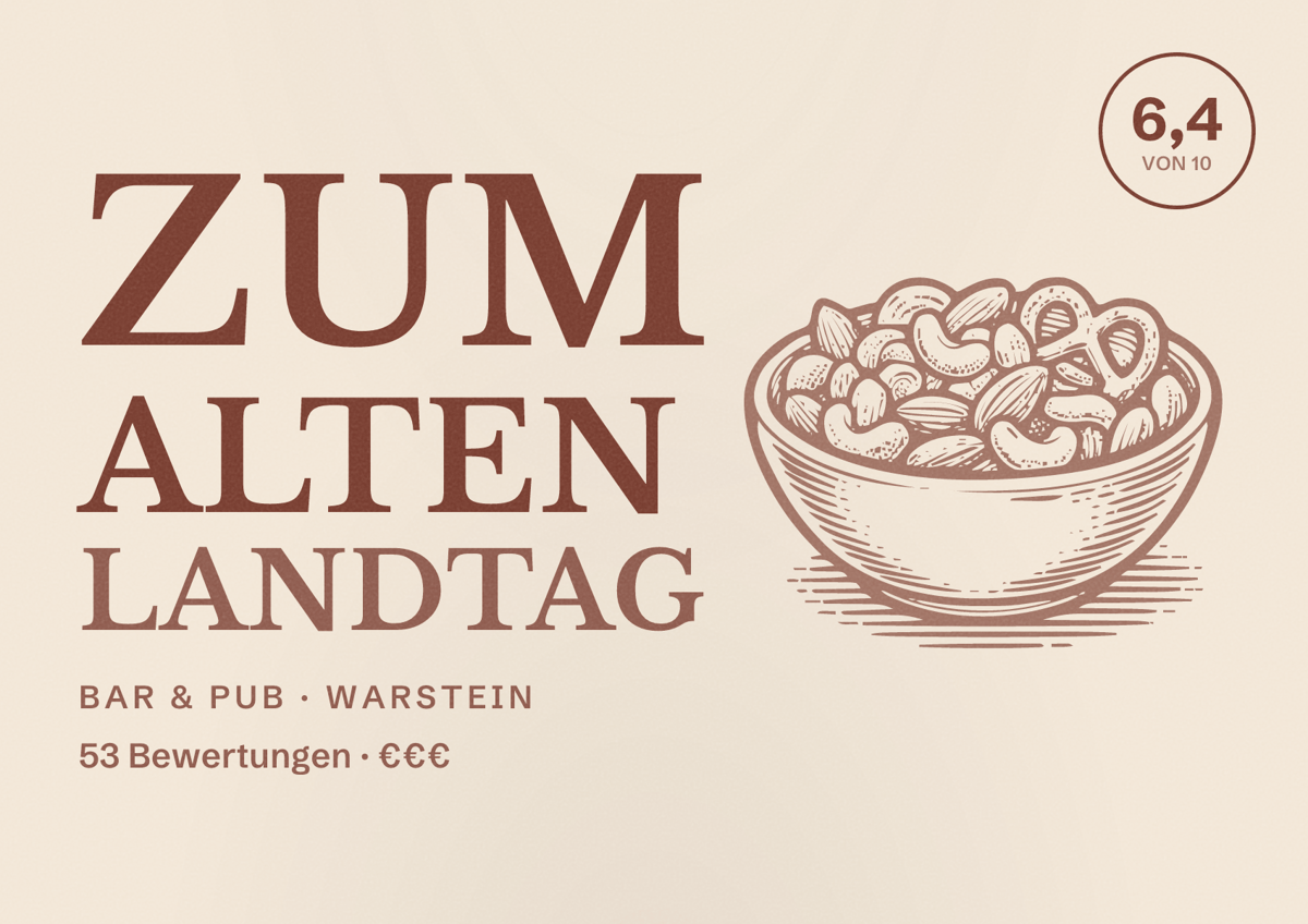 Illustriertes Poster von Zum Alten Landtag, Bar & Pub in Warstein: Bewertung 6,4 von 10 aus 53 Bewertungen, Preisniveau €€€