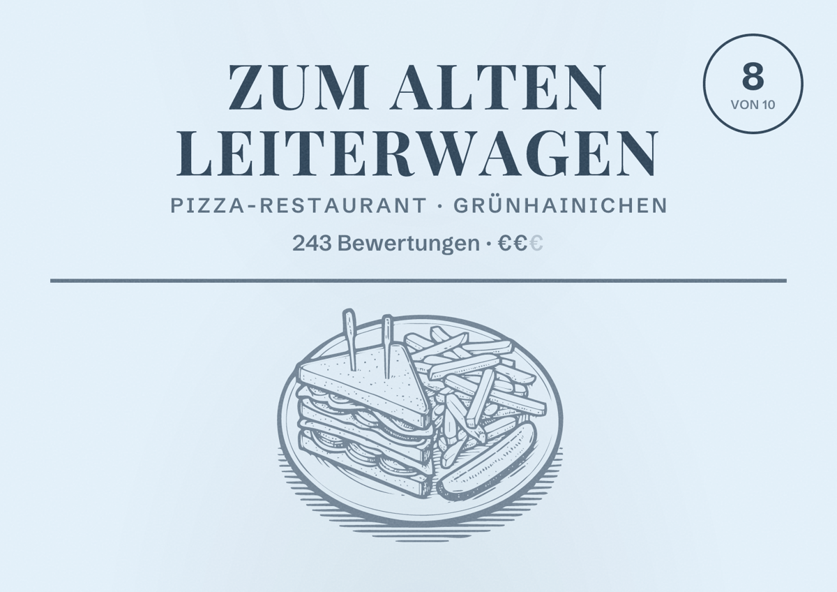 Illustriertes Poster von Zum Alten Leiterwagen, Pizza-Restaurant in Grünhainichen: Bewertung 8 von 10 aus 243 Bewertungen, Preisniveau €€