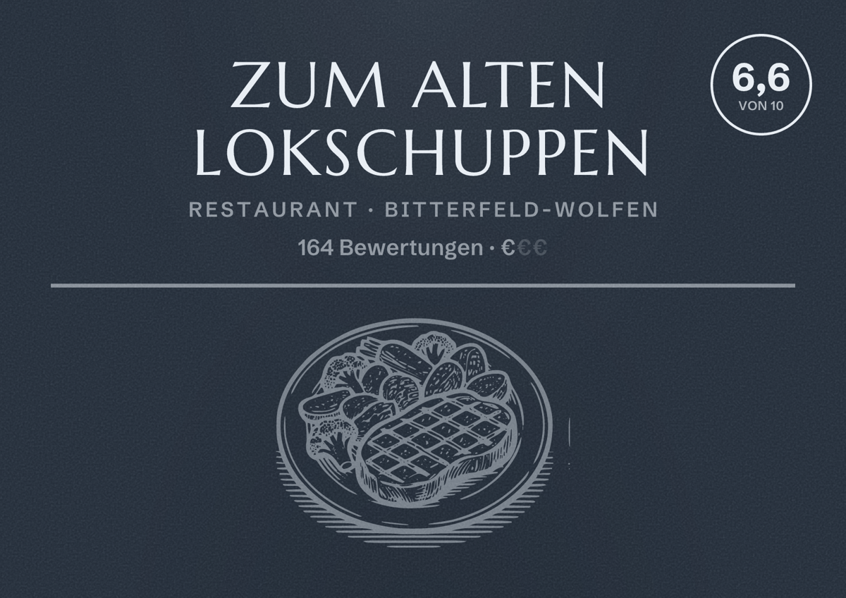 Illustriertes Poster von Zum Alten Lokschuppen, Restaurant in Bitterfeld-Wolfen: Bewertung 6,6 von 10 aus 164 Bewertungen, Preisniveau €