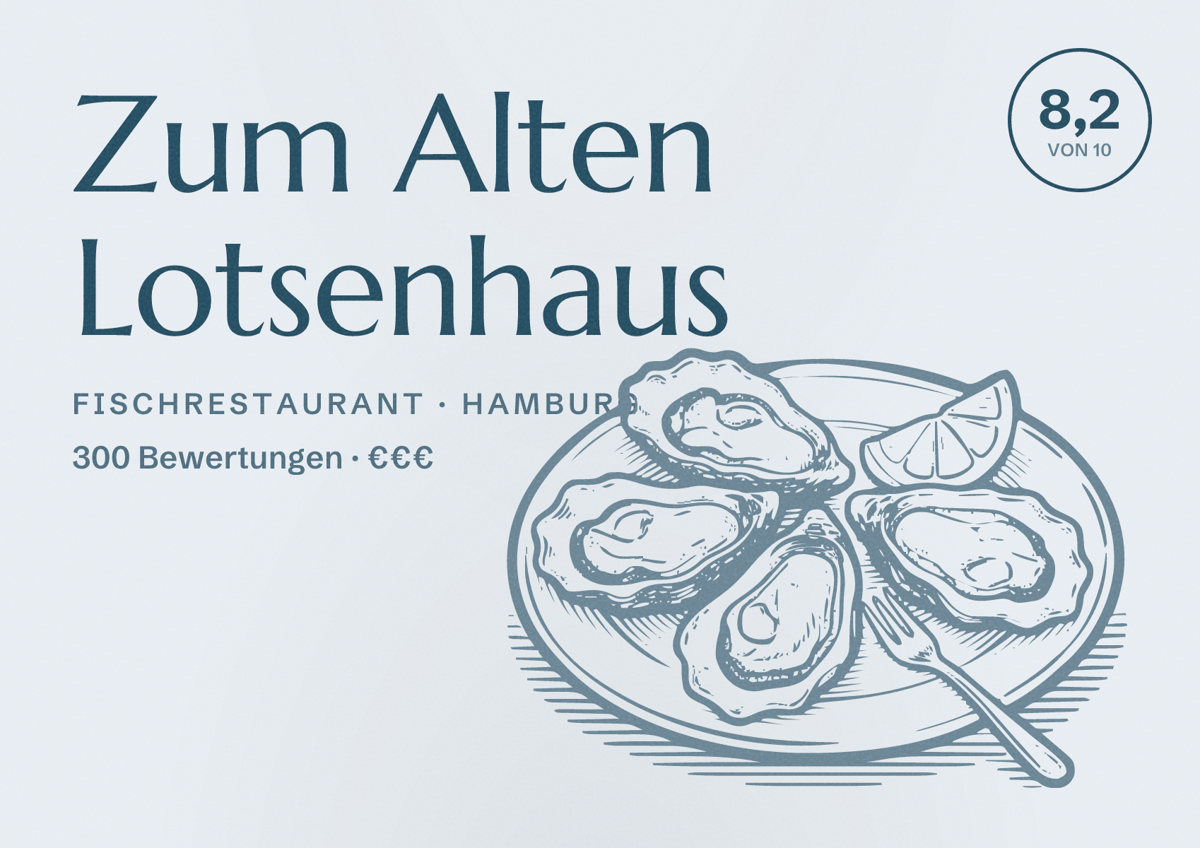 Illustriertes Poster von Zum Alten Lotsenhaus, Fischrestaurant in Hamburg: Bewertung 8,2 von 10 aus 300 Bewertungen, Preisniveau €€€