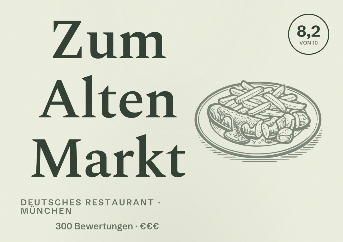 Illustriertes Poster von Zum Alten Markt, Deutsches Restaurant in München: Bewertung 8,2 von 10 aus 300 Bewertungen, Preisniveau €€€