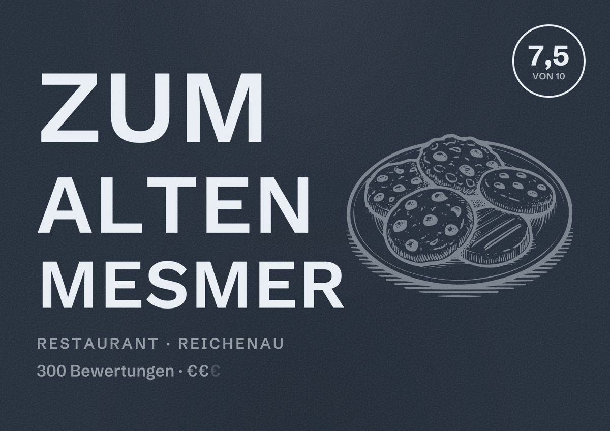 Illustriertes Poster von Zum alten Mesmer, Restaurant in Reichenau: Bewertung 7,5 von 10 aus 300 Bewertungen, Preisniveau €€