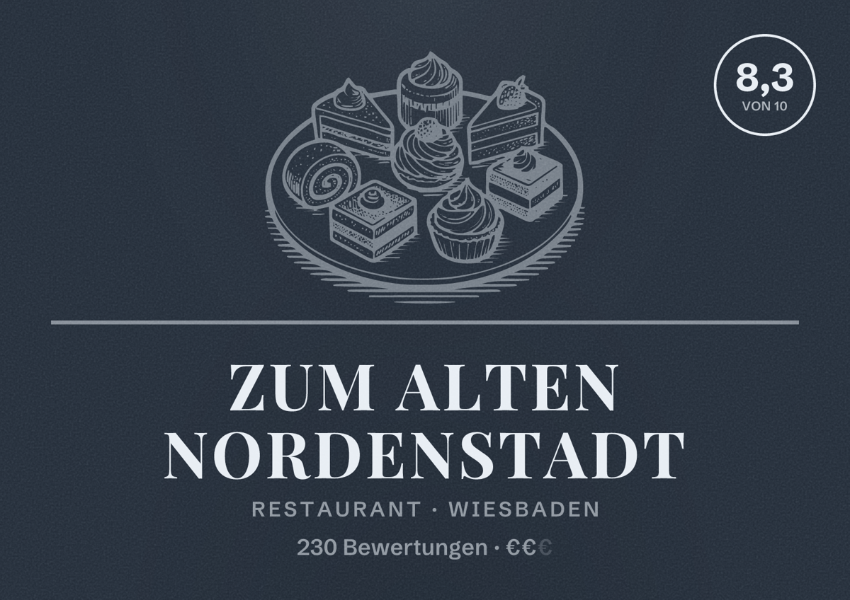 Illustriertes Poster von Zum Alten Nordenstadt, Restaurant in Wiesbaden: Bewertung 8,3 von 10 aus 230 Bewertungen, Preisniveau €€
