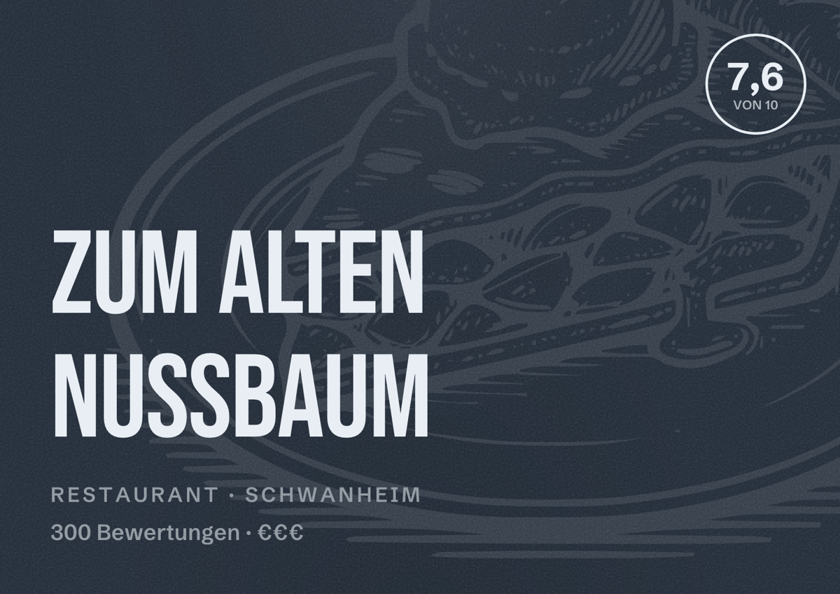Illustriertes Poster von Zum alten Nussbaum, Restaurant in Schwanheim: Bewertung 7,6 von 10 aus 300 Bewertungen, Preisniveau €€€