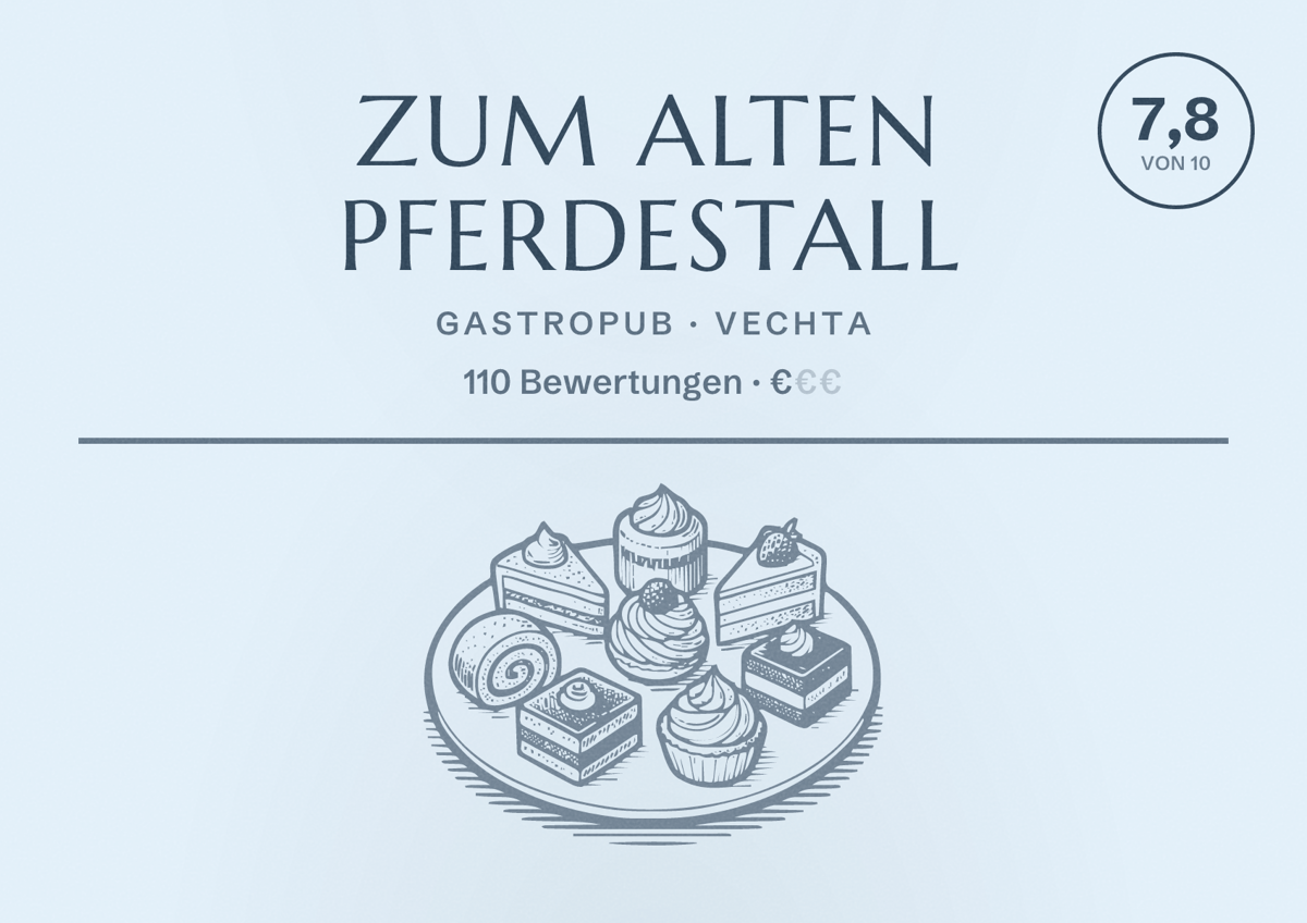 Illustriertes Poster von Zum alten Pferdestall, Gastropub in Vechta: Bewertung 7,8 von 10 aus 110 Bewertungen, Preisniveau €