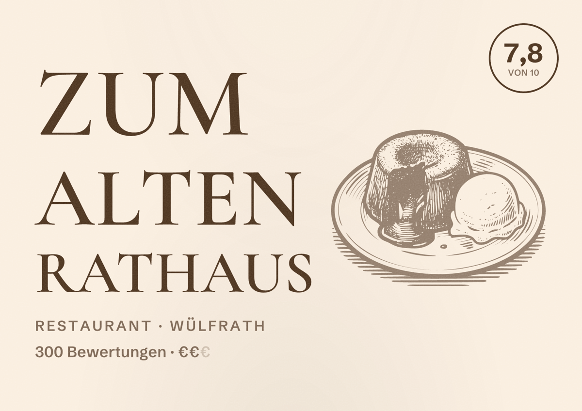 Illustriertes Poster von Zum Alten Rathaus, Restaurant in Wülfrath: Bewertung 7,8 von 10 aus 300 Bewertungen, Preisniveau €€