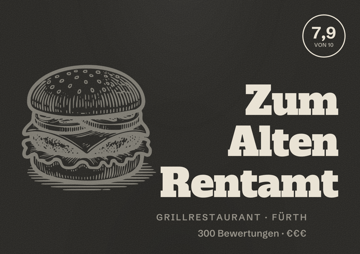 Illustriertes Poster von Zum Alten Rentamt, Grillrestaurant in Fürth: Bewertung 7,9 von 10 aus 300 Bewertungen, Preisniveau €€€