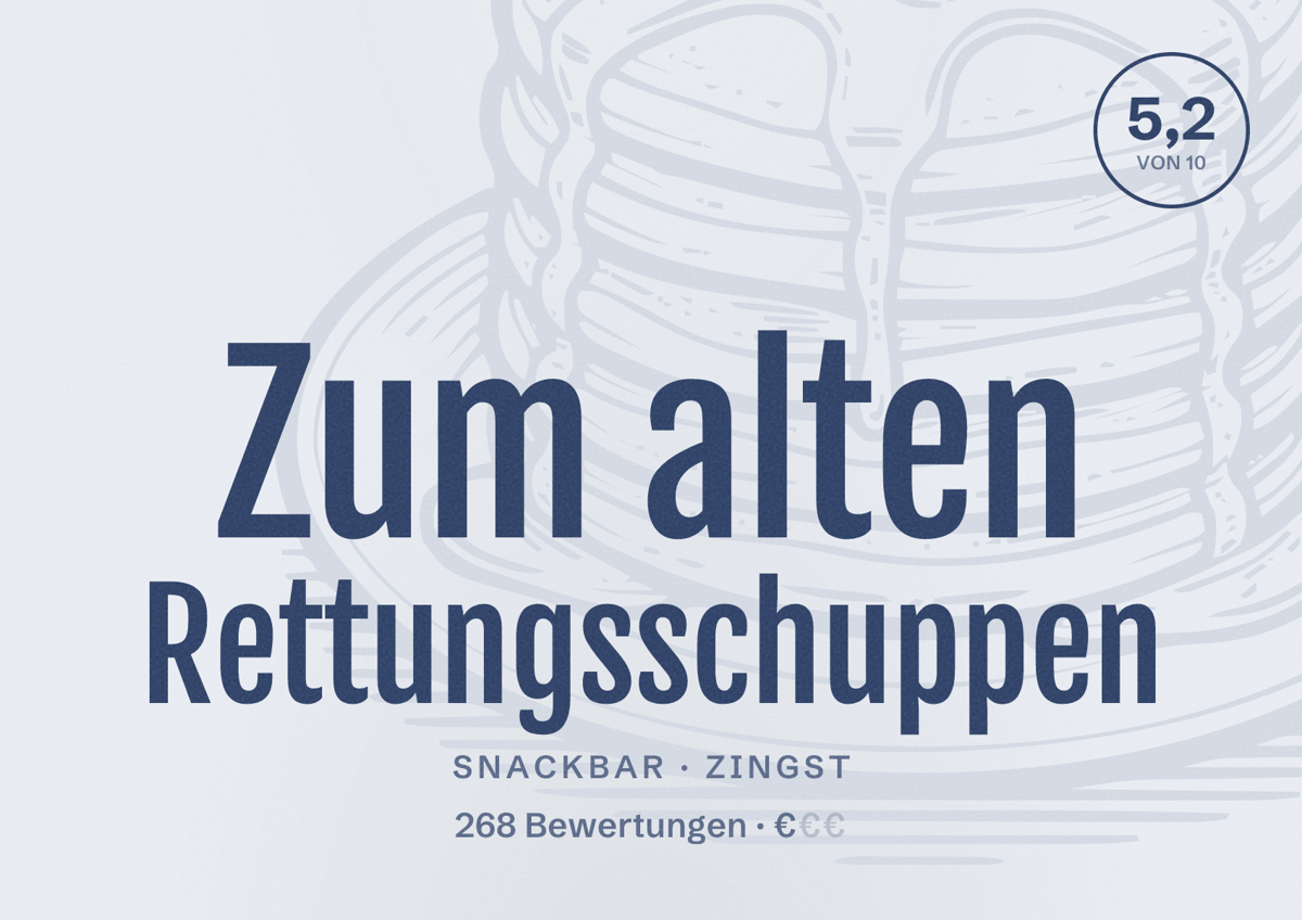 Illustriertes Poster von Zum alten Rettungsschuppen, Snackbar in Zingst: Bewertung 5,2 von 10 aus 268 Bewertungen, Preisniveau €