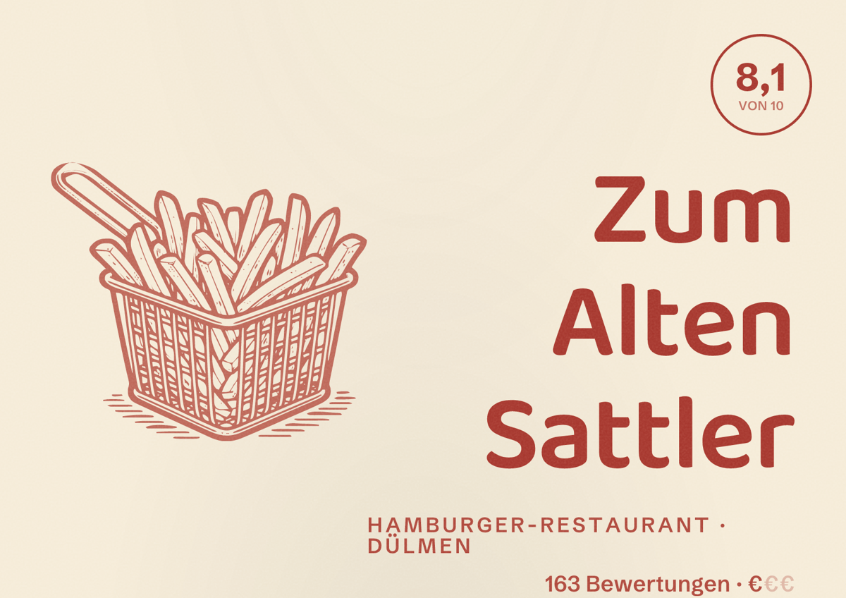 Illustriertes Poster von Zum Alten Sattler, Hamburger-Restaurant in Dülmen: Bewertung 8,1 von 10 aus 163 Bewertungen, Preisniveau €