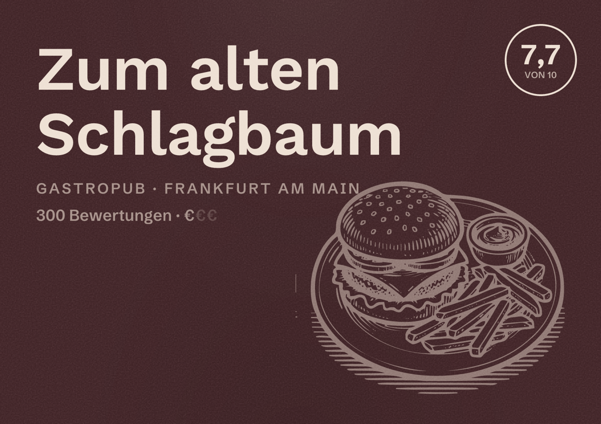 Illustriertes Poster von Zum alten Schlagbaum, Gastropub in Frankfurt am Main: Bewertung 7,7 von 10 aus 300 Bewertungen, Preisniveau €