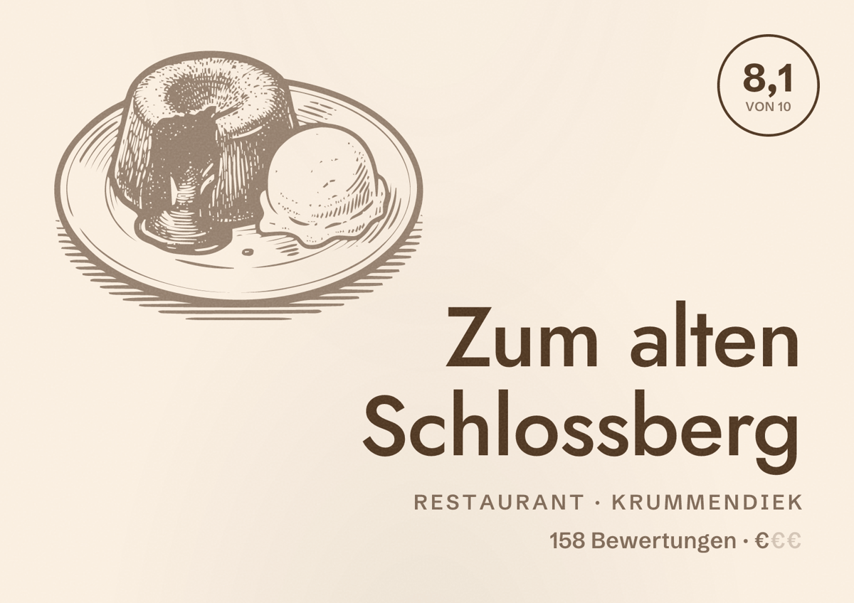 Illustriertes Poster von Zum alten Schlossberg, Restaurant in Krummendiek: Bewertung 8,1 von 10 aus 158 Bewertungen, Preisniveau €