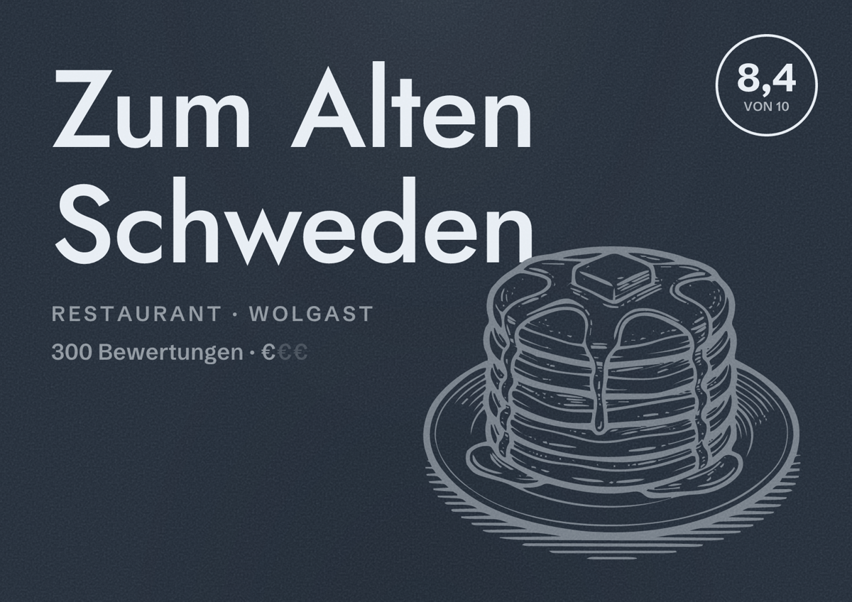 Illustriertes Poster von Zum Alten Schweden, Restaurant in Wolgast: Bewertung 8,4 von 10 aus 300 Bewertungen, Preisniveau €
