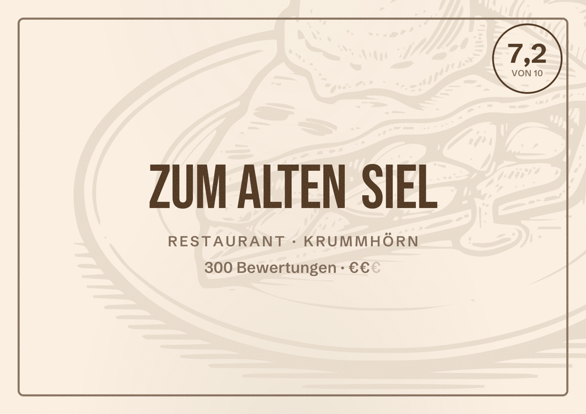 Illustriertes Poster von Zum alten Siel, Restaurant in Krummhörn: Bewertung 7,2 von 10 aus 300 Bewertungen, Preisniveau €€