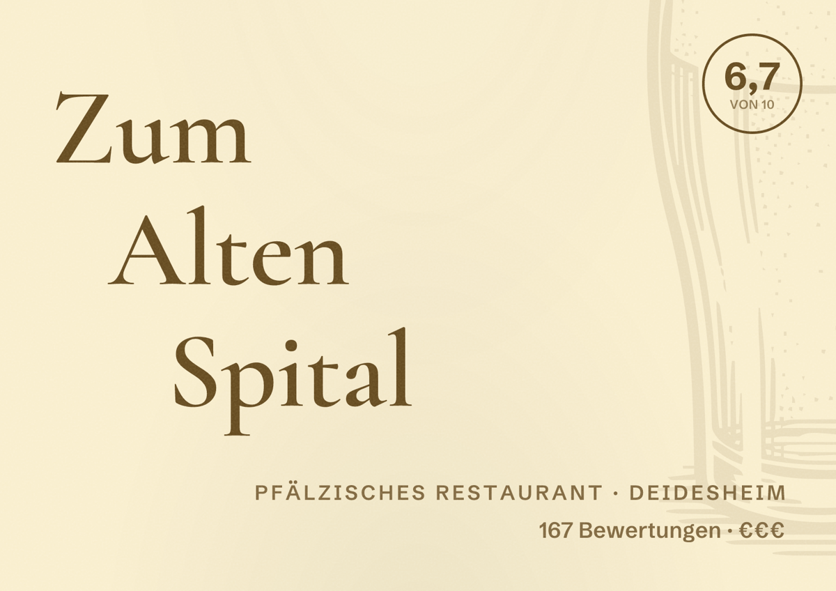 Illustriertes Poster von Zum Alten Spital, Pfälzisches Restaurant in Deidesheim: Bewertung 6,7 von 10 aus 167 Bewertungen, Preisniveau €€€