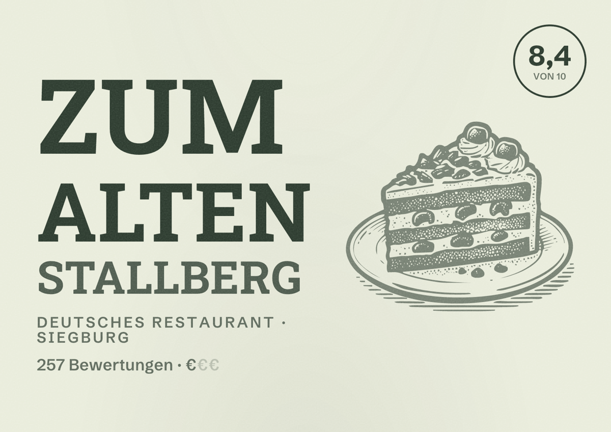 Illustriertes Poster von Zum alten Stallberg, Deutsches Restaurant in Siegburg: Bewertung 8,4 von 10 aus 257 Bewertungen, Preisniveau €