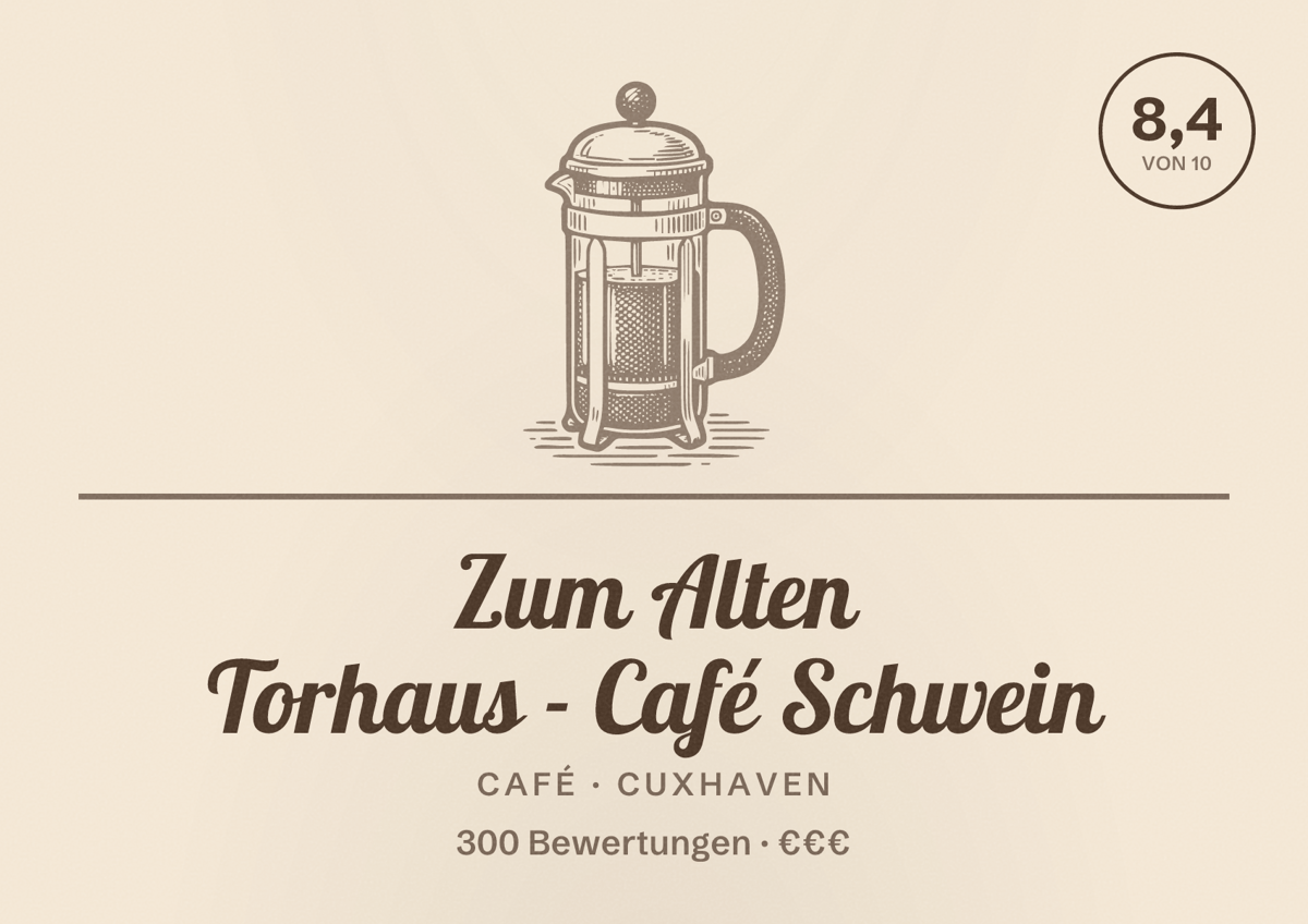 Illustriertes Poster von Zum Alten Torhaus - Café Schwein, Café in Cuxhaven: Bewertung 8,4 von 10 aus 300 Bewertungen, Preisniveau €€€