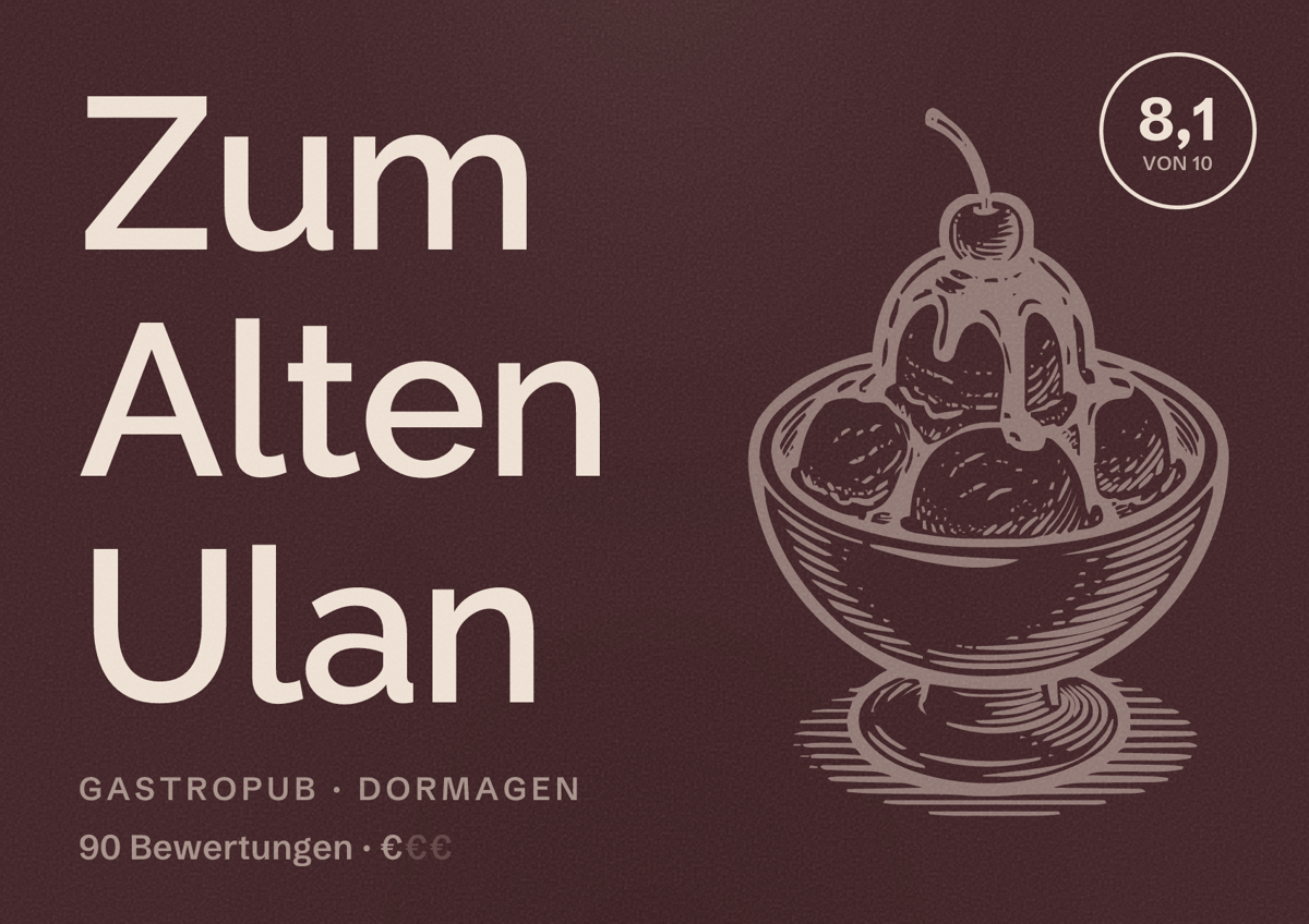 Illustriertes Poster von Zum Alten Ulan, Gastropub in Dormagen: Bewertung 8,1 von 10 aus 90 Bewertungen, Preisniveau €