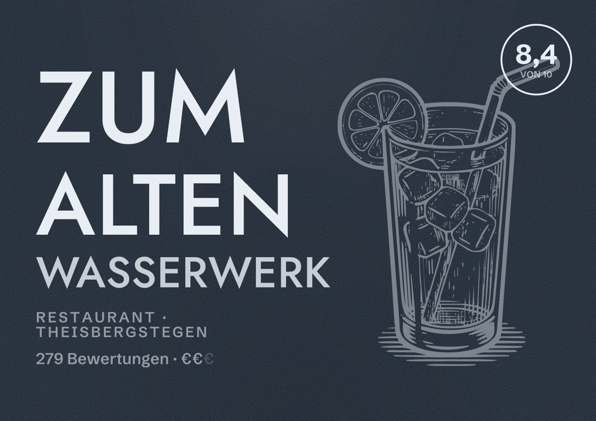Illustriertes Poster von Zum Alten Wasserwerk, Restaurant in Theisbergstegen: Bewertung 8,4 von 10 aus 279 Bewertungen, Preisniveau €€