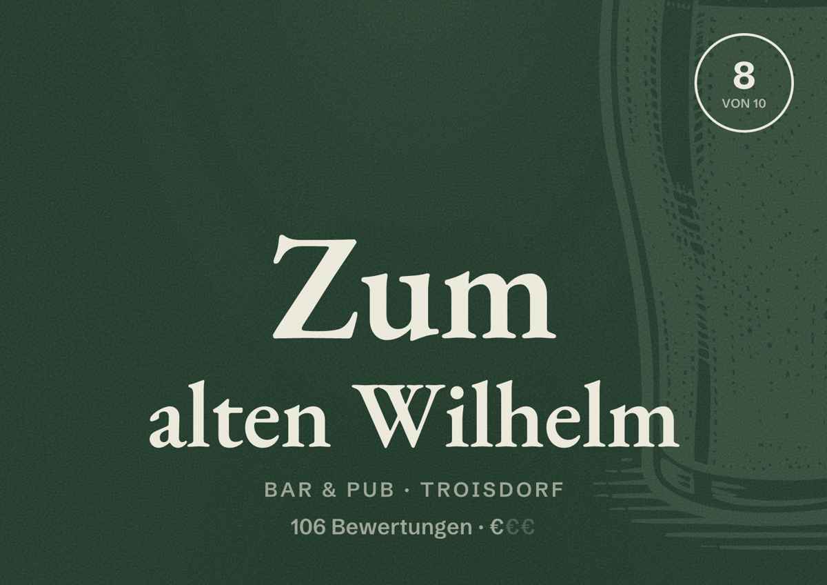 Illustriertes Poster von Zum alten Wilhelm, Bar & Pub in Troisdorf: Bewertung 8 von 10 aus 106 Bewertungen, Preisniveau €