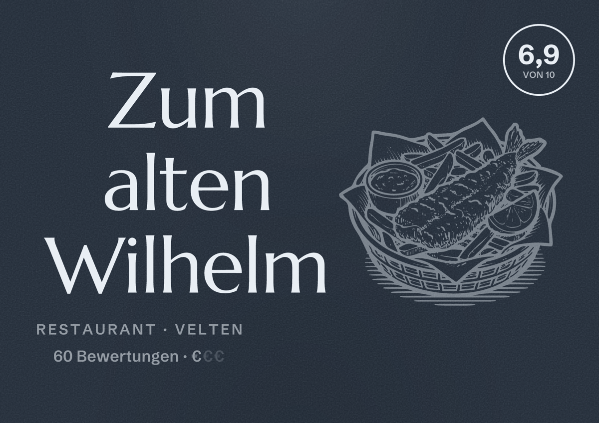 Illustriertes Poster von Zum alten Wilhelm, Restaurant in Velten: Bewertung 6,9 von 10 aus 60 Bewertungen, Preisniveau €