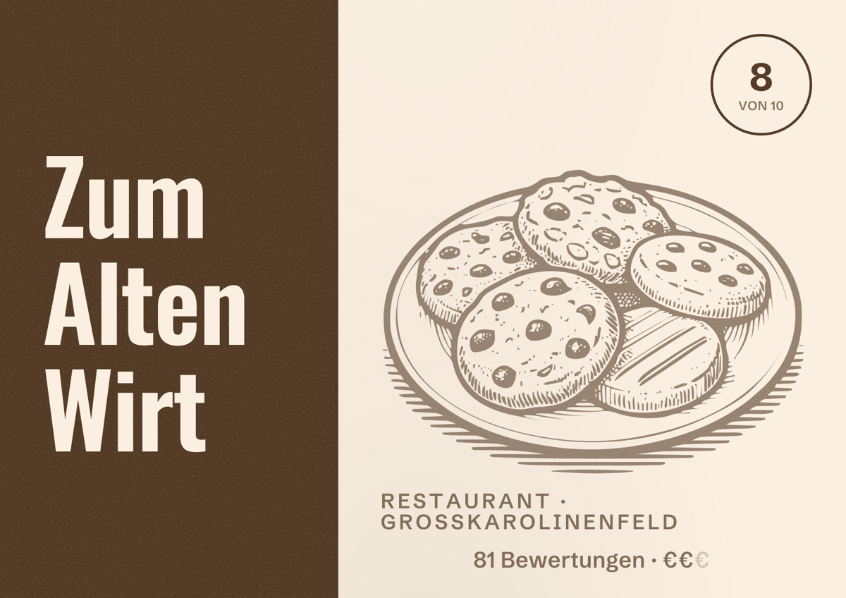 Illustriertes Poster von Zum Alten Wirt, Restaurant in Großkarolinenfeld: Bewertung 8 von 10 aus 81 Bewertungen, Preisniveau €€